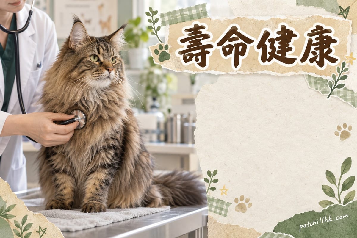 獸醫用聽筒為挪威森林貓檢查心臟,主人喺旁邊安撫