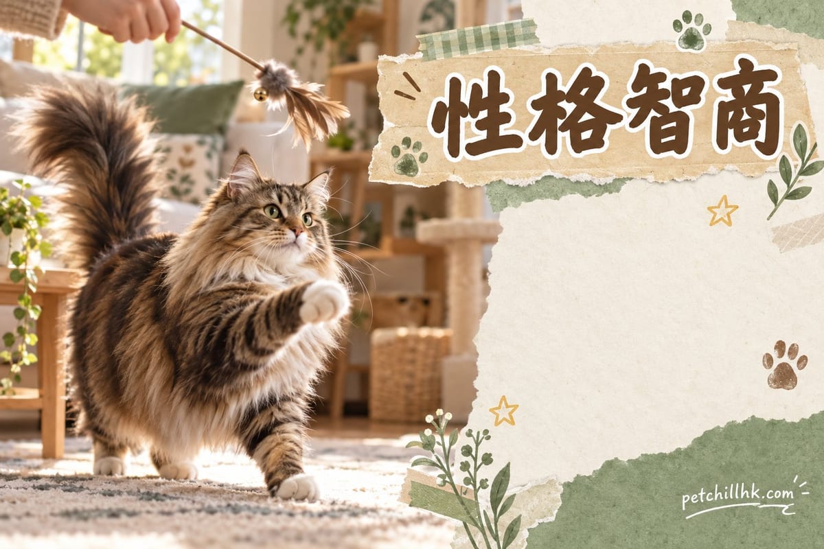 挪威森林貓坐喺窗邊,神情淡定望向屋內