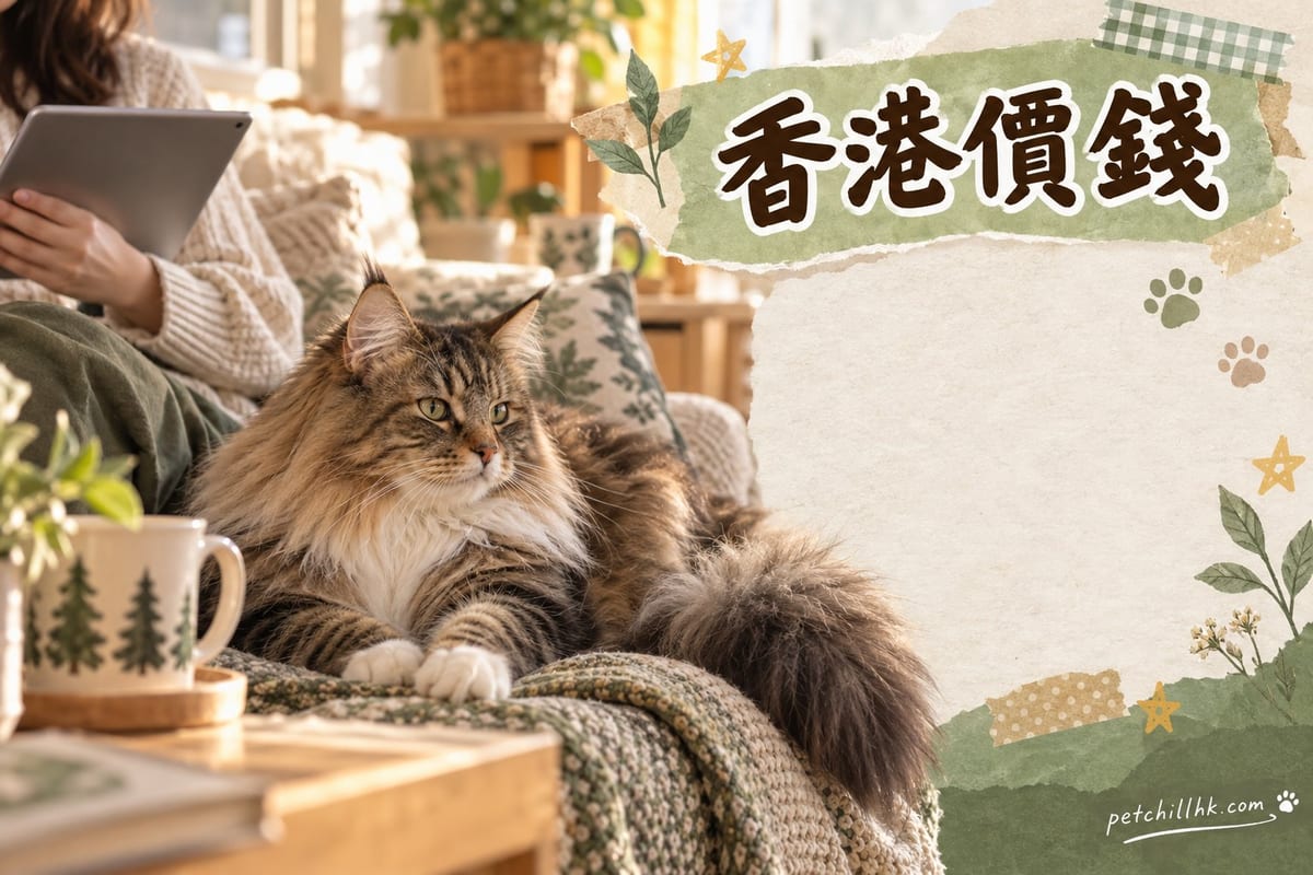 挪威森林貓蹲坐喺家居木地板,身旁放住餵食碗