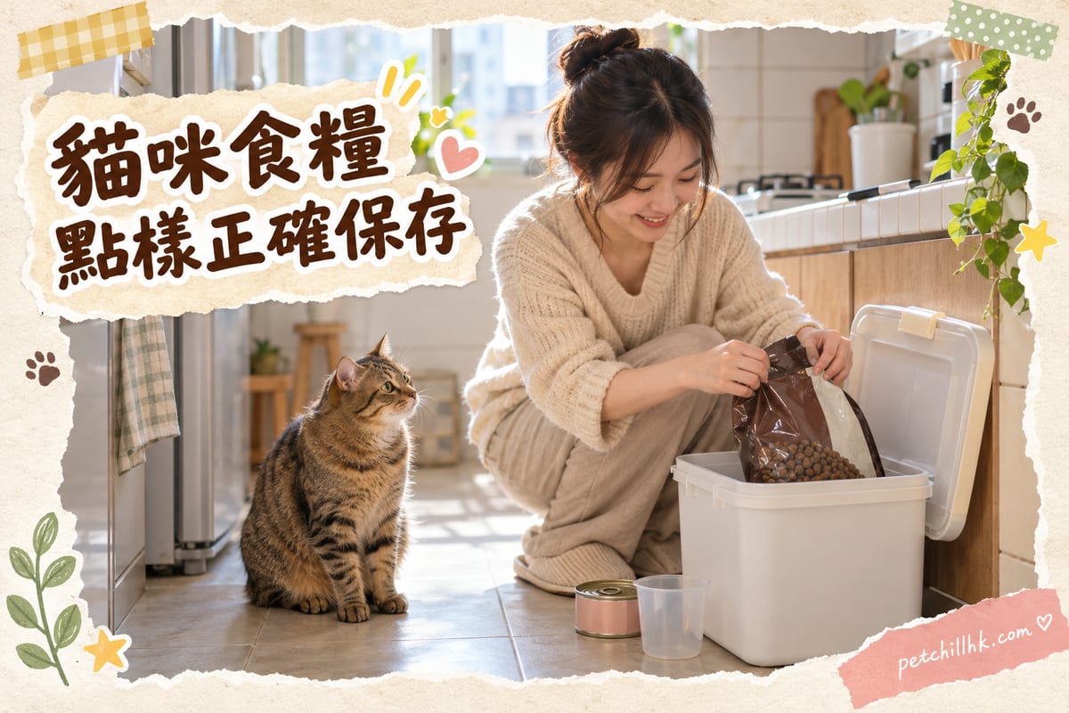 香港細單位廚房一角,主人蹲低將半包貓乾糧連原袋放入不透光密封糧桶,桶邊貼住寫有開封日期嘅膠紙,一隻虎斑家貓坐喺旁邊望住糧桶