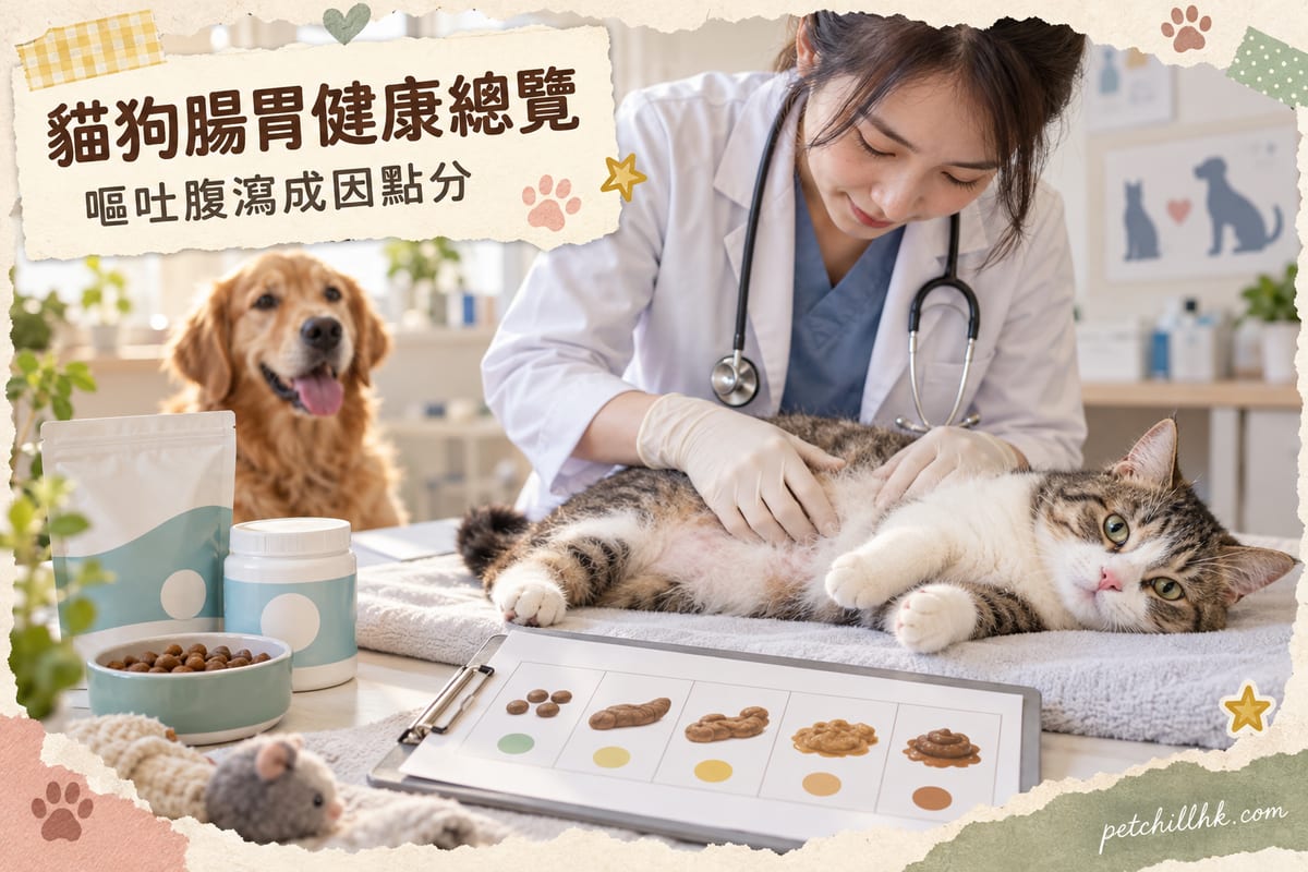 貓狗腸胃健康全攻略：獸醫為貓咪檢查腹部，旁邊放有益生菌產品同糞便評分表