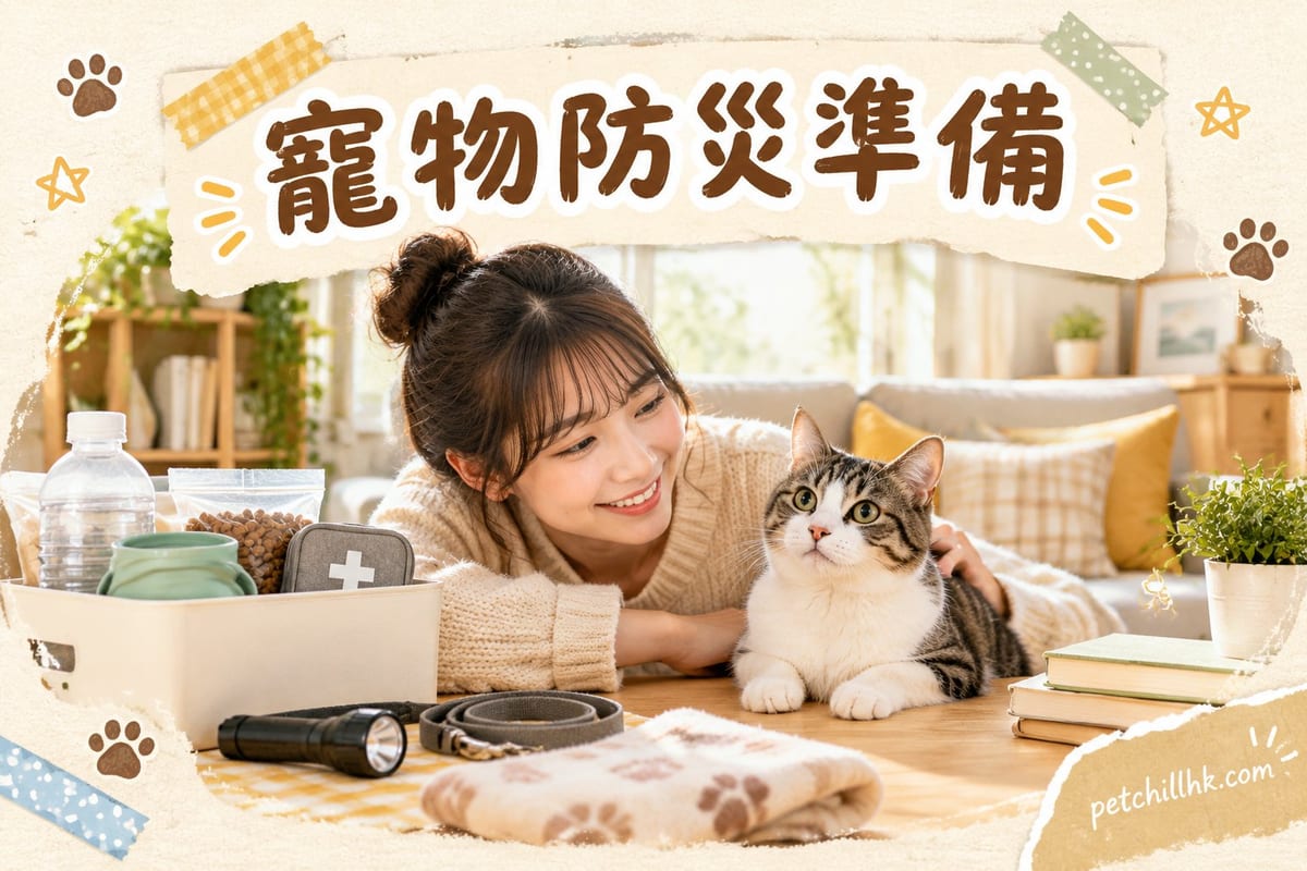 颱風來襲前嘅家居角落,擺住裝好糧水同證件嘅寵物應急包、航空箱同毛毯