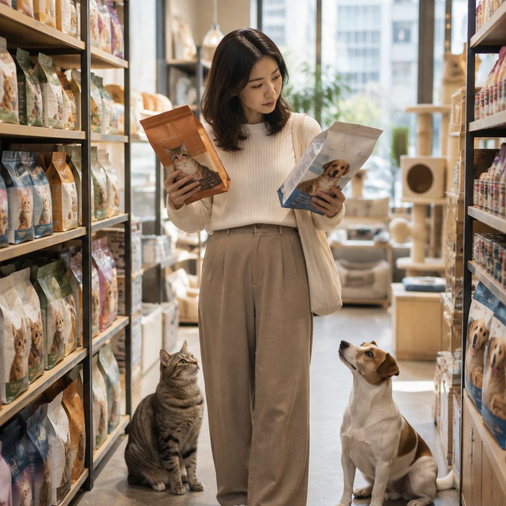 香港寵物用品店嘅貨架走廊,一位女主人手上拿着兩包唔同品牌嘅貓糧包裝,低頭對照成份表,腳邊坐着一隻短毛唐貓同一隻小型犬抬頭望住佢,貨架上排列住處方糧同凍乾糧包裝