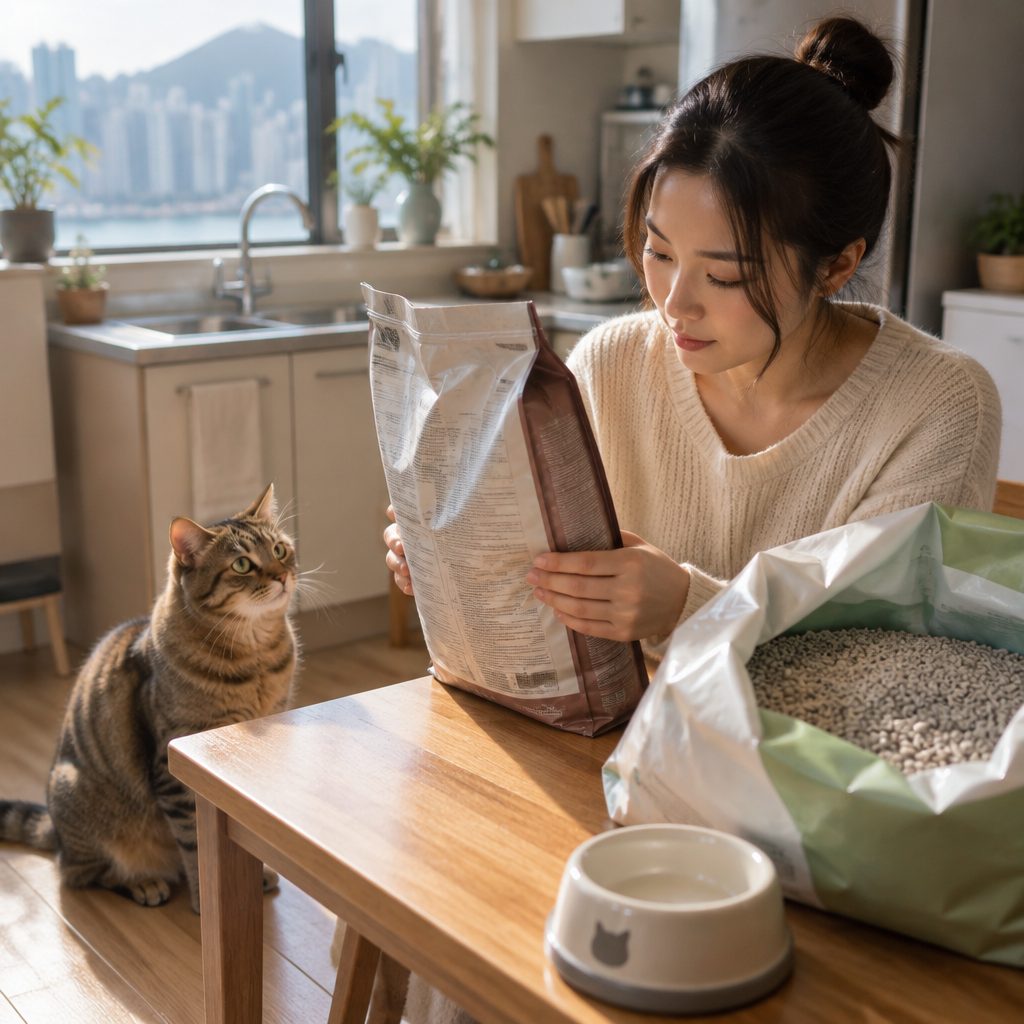 香港住宅單位嘅廚房一角,木檯上放住一袋英文標示嘅貓糧同一個撕開咗嘅貓砂包裝,一隻唐貓坐喺旁邊抬起頭望住包裝袋,主人嘅手正翻開包裝背面嘅成分表細看
