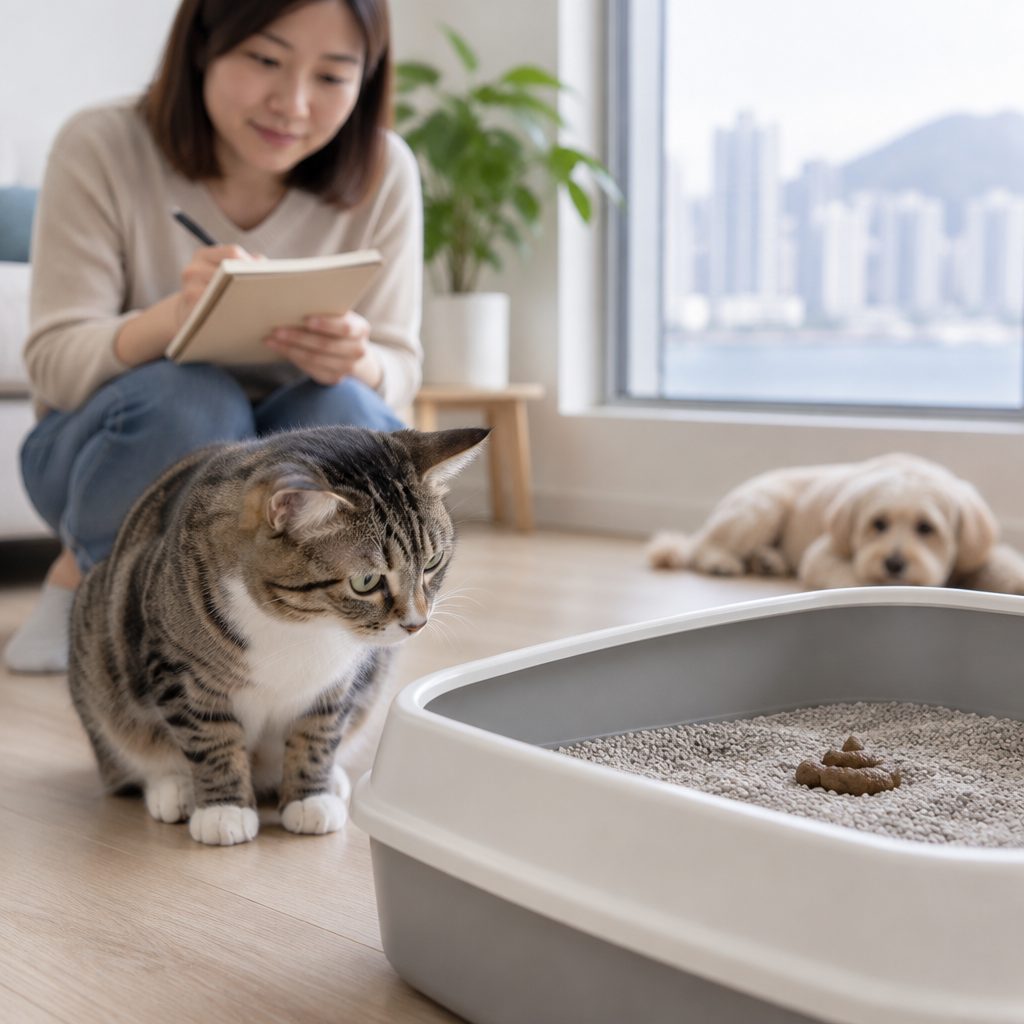 香港家居客廳一角,一隻短毛虎斑貓蹲在貓砂盆旁邊,砂盆內有一坨偏軟嘅糞便,主人蹲低手持記事簿記錄,旁邊一隻小型犬靜靜趴喺木地板上,窗邊有自然光