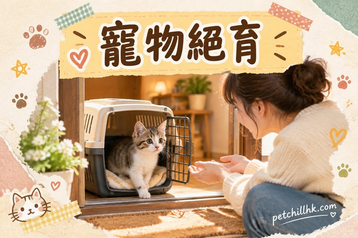 獸醫診所內,一隻戴住伊麗莎白圈嘅橘貓安靜瞓喺檢查枱上,術後護理場景