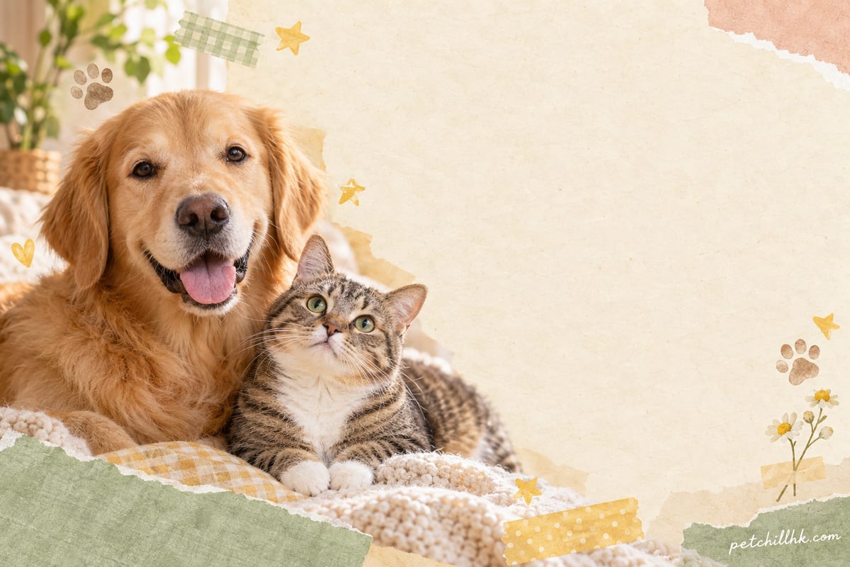 一隻短毛貓同一隻柴犬並排坐在窗邊,獸醫用放大鏡檢查狗狗背部皮膚,檯面放住梳毛工具同皮膚檢查表