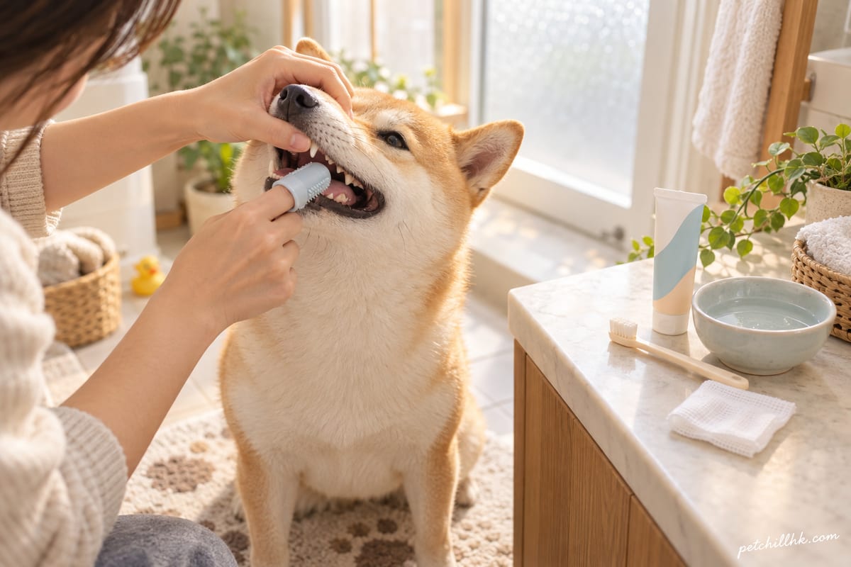 一隻柴犬坐喺浴室地墊上微微張開口，主人用手指套牙刷沾住寵物牙膏幫佢抹後齒，枱面放住一支寵物牙膏、軟毛牙刷同一塊濕紗布