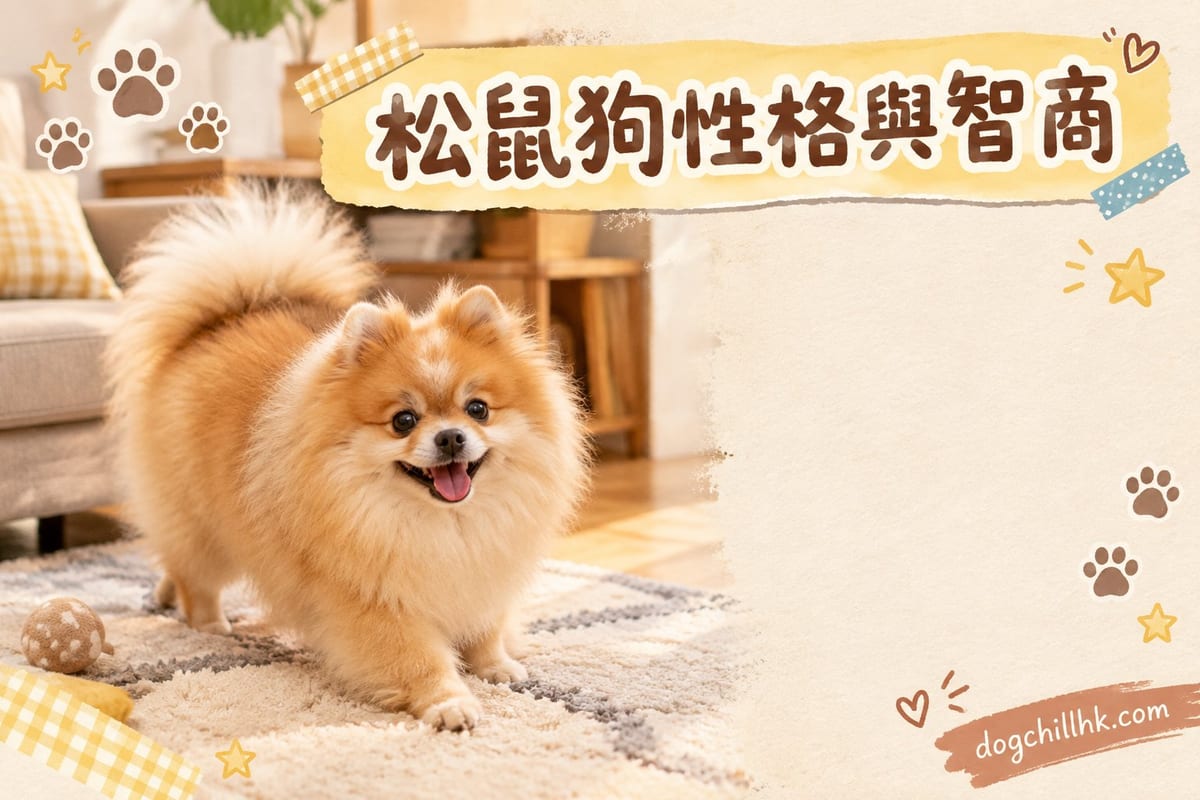 橙色松鼠狗望住鏡頭側頭傾聽,背景係香港家居客廳