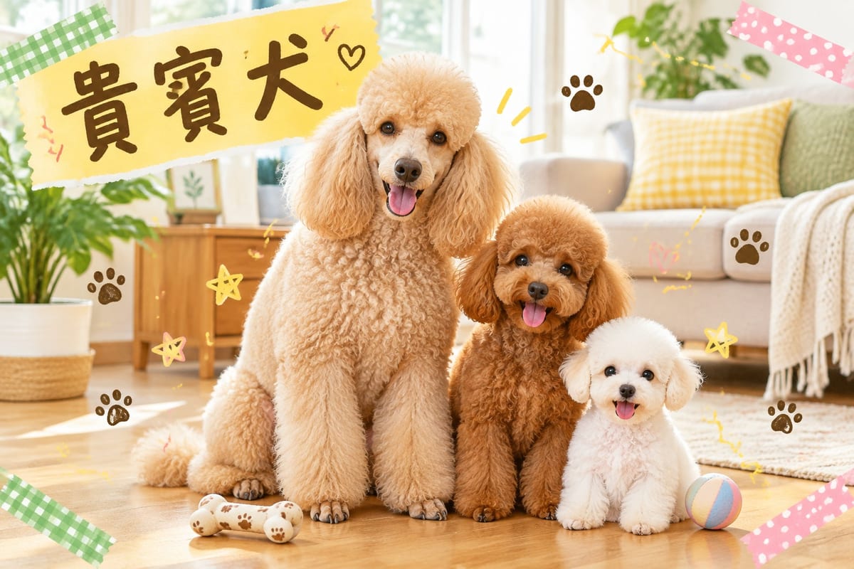 一隻修剪整齊嘅杏色玩具貴賓犬企喺香港商場寵物友善範圍,面向鏡頭