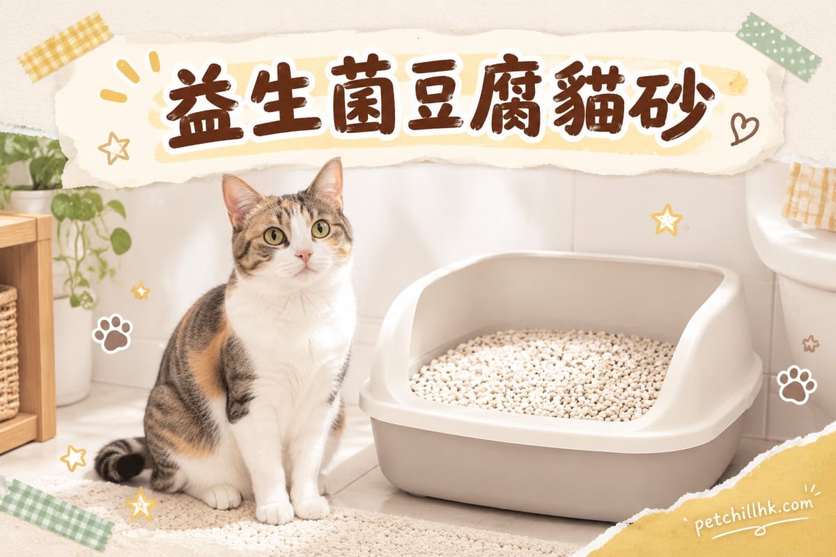 一隻黑白貓坐喺貓砂盆邊,盆內淺色豆腐砂顆粒,背景有綠色益生菌標籤樽裝貓砂