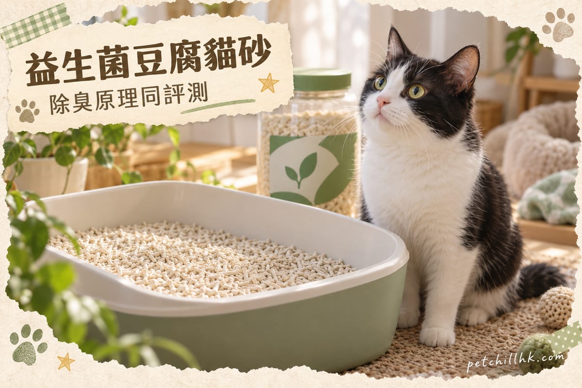 一隻黑白貓坐喺貓砂盆邊，盆內淺色豆腐砂顆粒，背景有綠色益生菌標籤樽裝貓砂