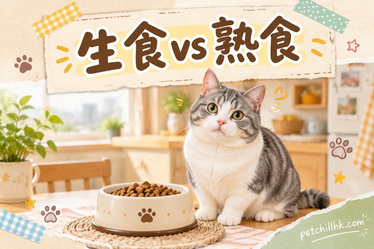 枱面上一邊放生雞肉塊一邊放蒸熟咗嘅雞肉蔬菜，中間擺住貓碗狗碗作對比