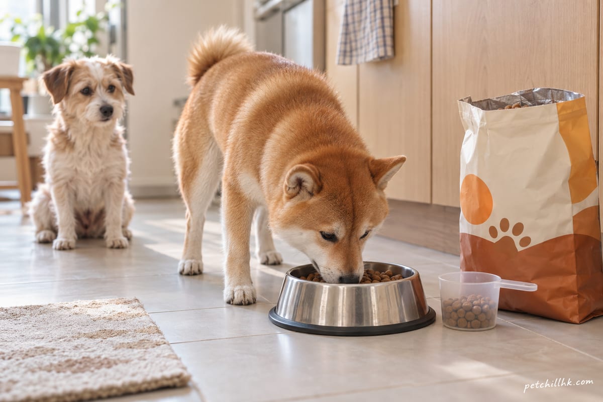 香港家居廚房地板上一隻柴犬低頭食碗入面嘅乾糧,旁邊放住一個量米杯同一包大袋裝狗糧,另一隻細型犬坐喺旁邊等候開飯