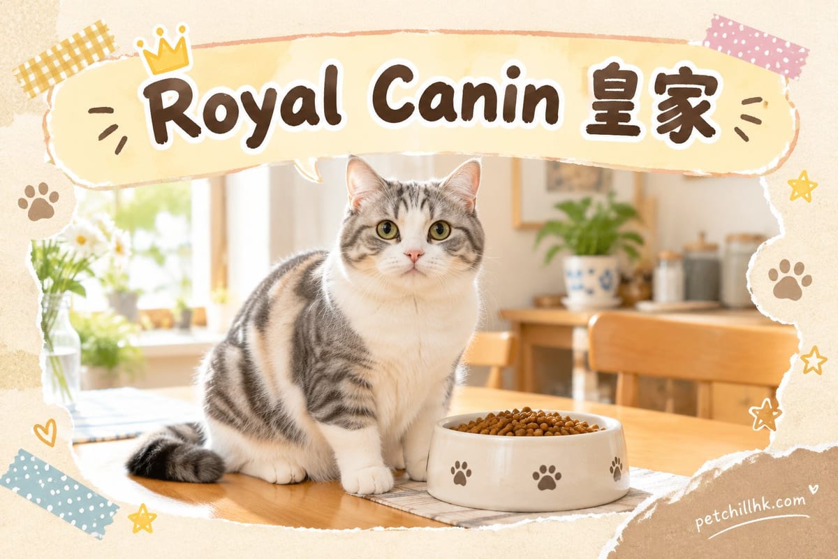 一隻波斯貓同隻緬因貓隔住枱對望,枱上擺滿 Royal Canin 皇家唔同品種專用糧包裝