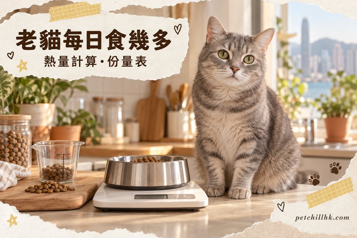 一隻老貓喺廚房食盆前食糧,旁邊放住廚房磅同量杯