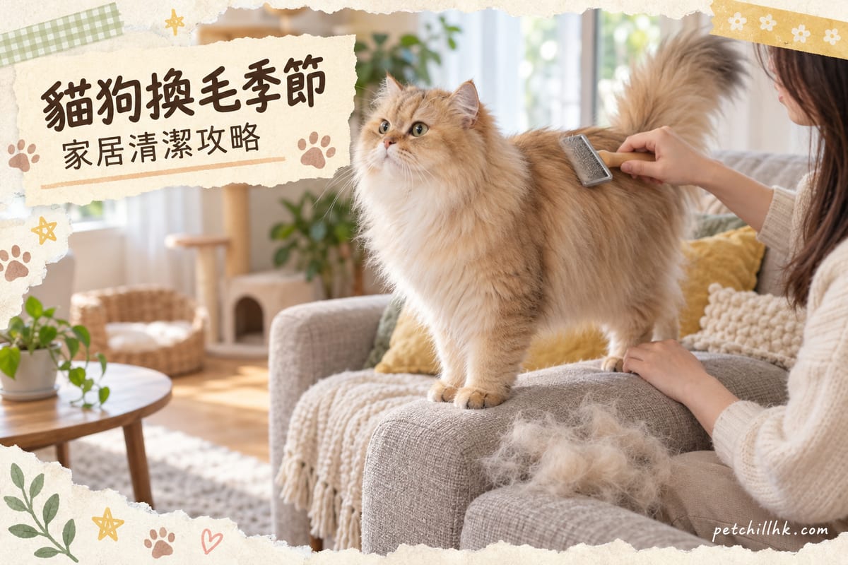 一隻金色長毛貓企喺梳化臂上，主人用針梳幫佢梳毛，梳化面有梳落來嘅白毛絨絨一堆