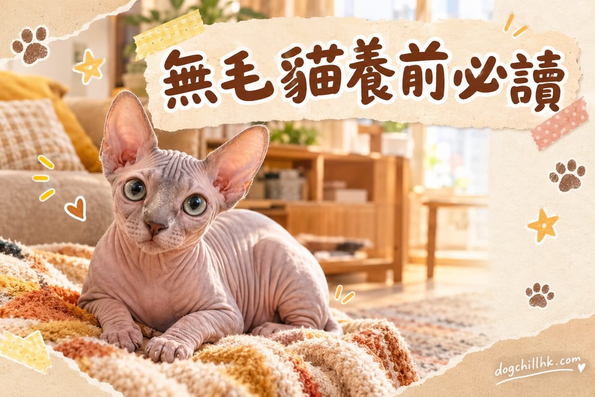 一隻無毛貓企喺梳化手臂上,皮膚皺紋同大耳仔清晰可見,望住鏡頭