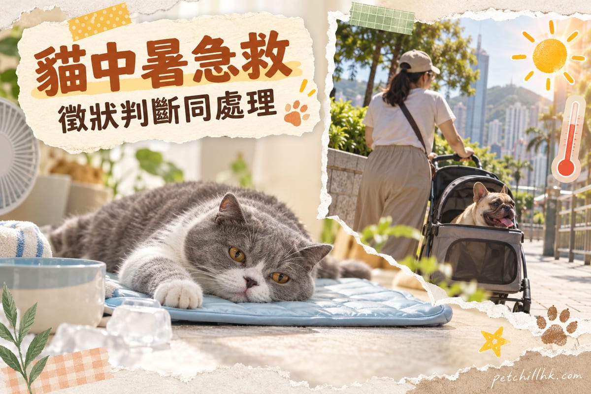 香港盛夏街道上，主人用寵物推車帶住一隻氣喘嘅法國鬥牛犬前往陰涼處，背景有陽光同溫度計