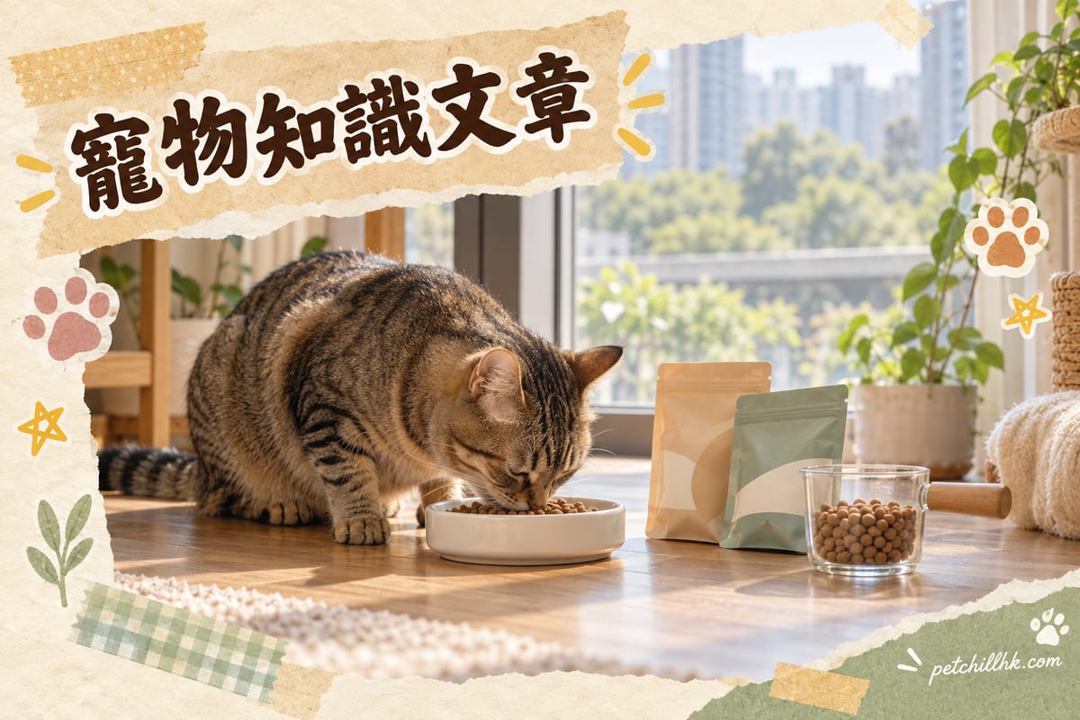 香港單位窗邊,一隻短毛虎斑成貓低頭食白色陶瓷碟上嘅淺褐色乾糧,旁邊放住兩個冇印字樣嘅細糧袋同一個玻璃量杯,晨光斜照木地板