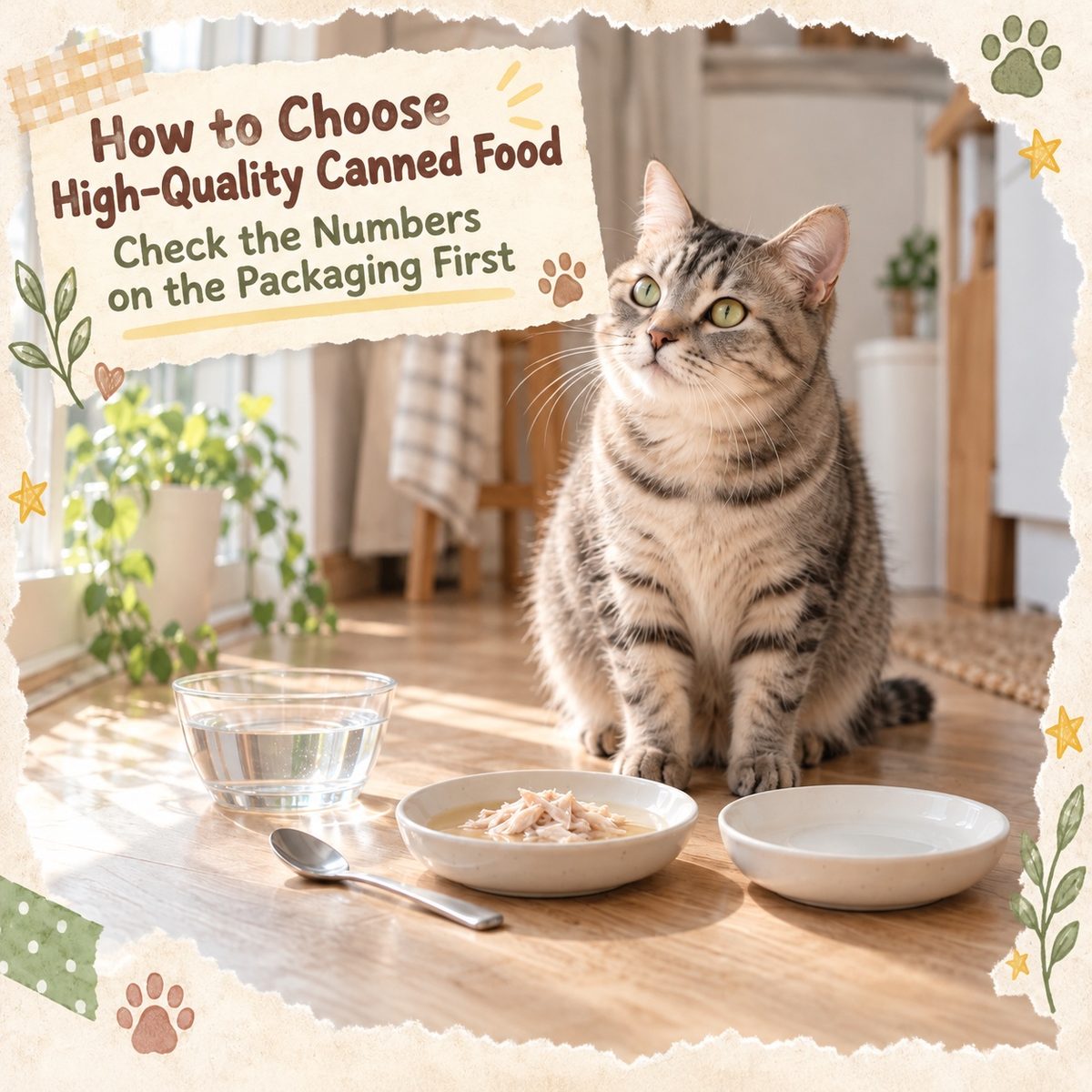 A Hong Kong short-haired tabby cat sitting in front of a light-coloured wooden floor in a flat kitchen, with two white ceramic dishes in front holding white fish shreds in gravy and an empty dish respectively, a glass water bowl and a small stainless steel spoon beside them, and soft morning light by the window