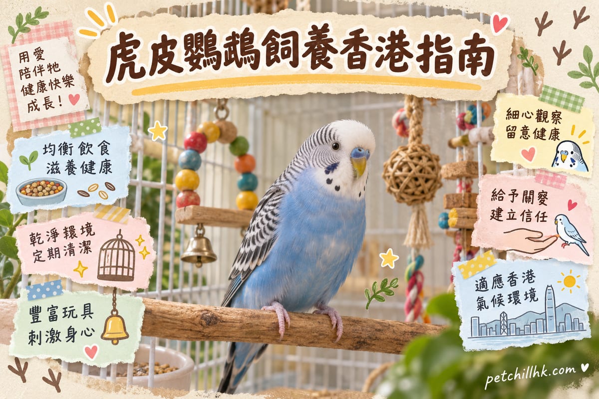 香港住宅窗邊嘅虎皮鸚鵡籠,內有粗細不一嘅天然木棲木、覓食玩具同陶瓷糧碗,兩隻天空藍色型虎皮鸚鵡站在棲木上,窗外係香港樓景