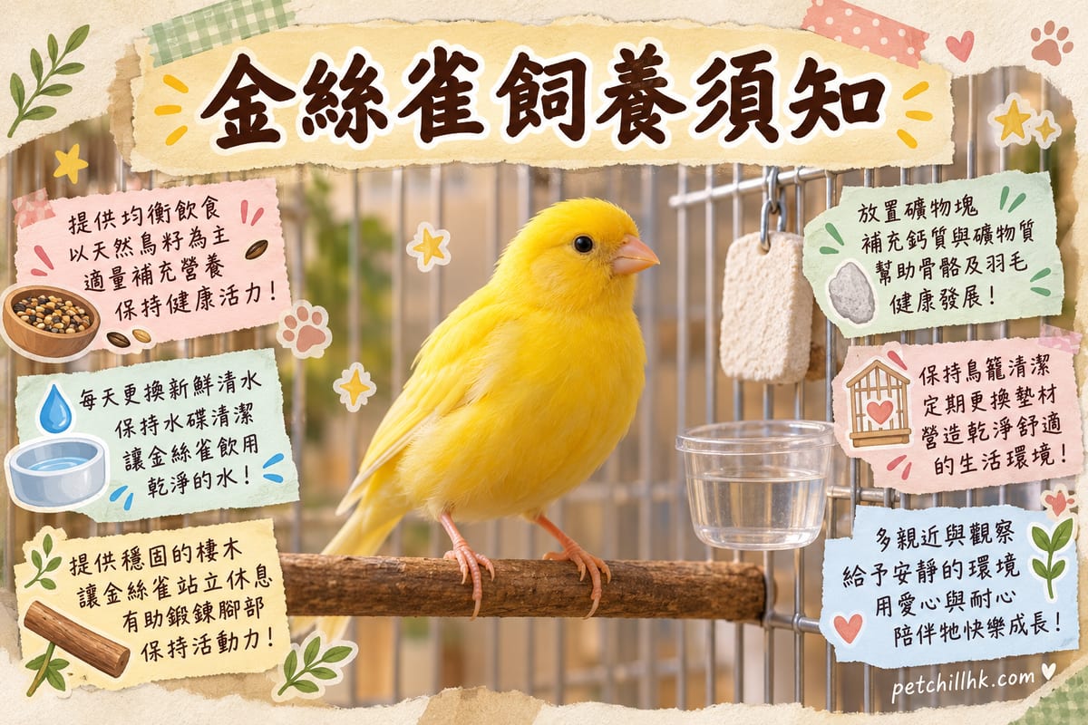 香港住宅客廳窗邊放一個橫向闊身鳥籠,籠內有天然樹枝棲木、墨魚骨同淺水碟,一隻黃色金絲雀企喺棲木上鳴唱,旁邊有密封糧罐