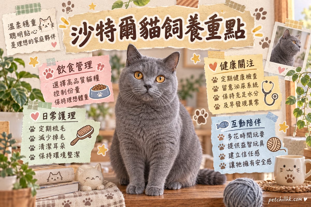 一隻藍灰色沙特爾貓坐喺香港家居窗台軟墊上,銅色眼睛望向窗外,旁邊係貓跳台
