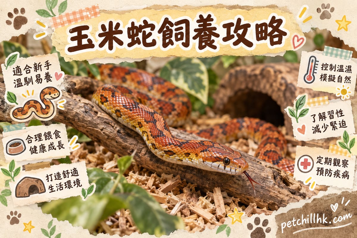 香港住宅客廳嘅爬蟲玻璃缸,一條橙底黑框花紋嘅玉米蛇盤喺白楊木屑上,缸內一端有加熱墊同躲避屋,另一端放水盆同攀爬枝條