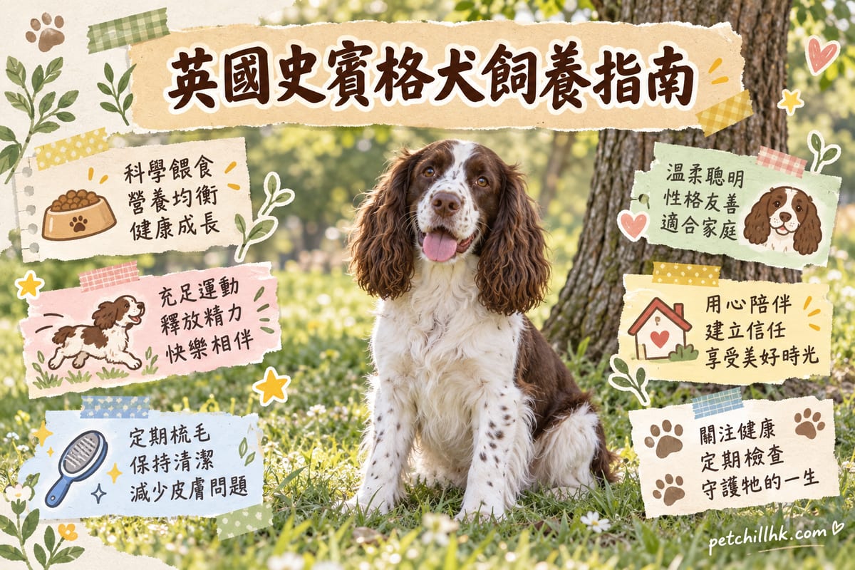 一隻白底配棕斑嘅英國史賓格犬坐喺香港單位梳化旁邊,主人正用潔耳液幫佢清潔耳仔