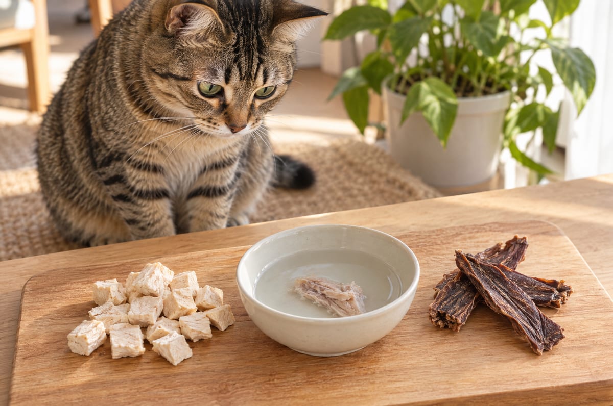 木板上左邊凍乾肉粒、右邊風乾肉條，中間一碗水浸住復水樣本，一隻香港短毛貓望向食物（凍乾與風乾比較）