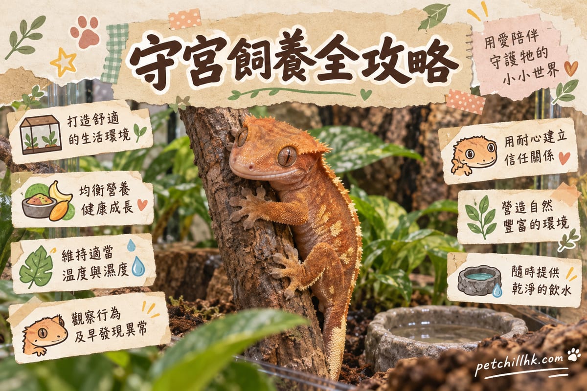 香港住宅書枱上嘅玻璃爬蟲缸,缸內有加熱墊、濕窩、水碟同溫度計,一隻守宮貼住暖端石塊休息