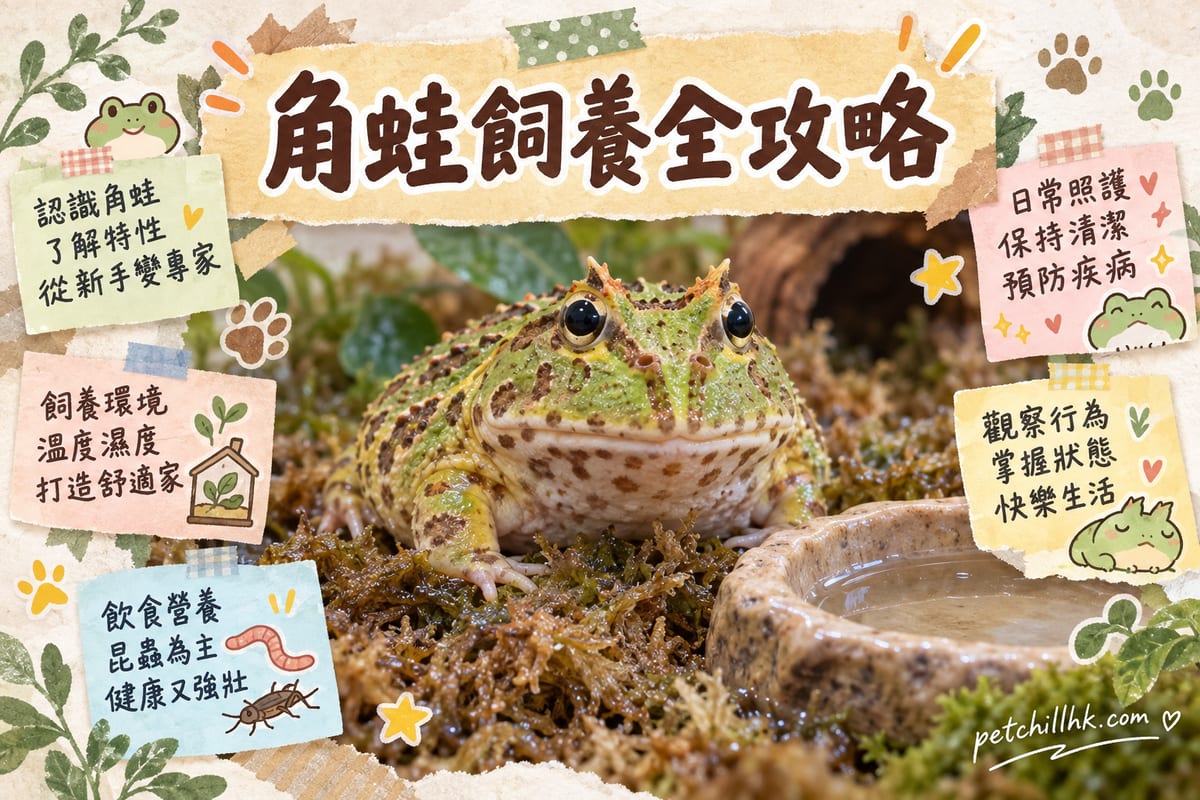 香港家居書枱上嘅小型玻璃缸,內有微濕椰土底材、半個花盆躲藏位同一個淺水碟,一隻綠角蛙伏喺土面