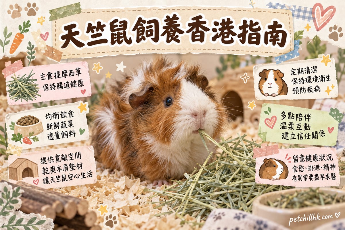 香港住宅客廳地上嘅天竺鼠圍欄,鋪上紙棉墊料同絨布墊,放有乾草架、陶瓷糧碗同兩個躲藏屋,兩隻天竺鼠分別在食草同休息