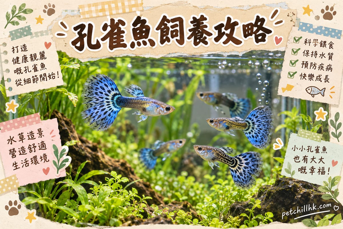 香港細單位客廳電視櫃旁嘅一個四十公分水草缸,缸內藍馬賽克同紅尾禮服孔雀魚喺水草之間穿梭,缸頂有 LED 燈,缸邊掛住溫度計同換水用嘅虹吸管