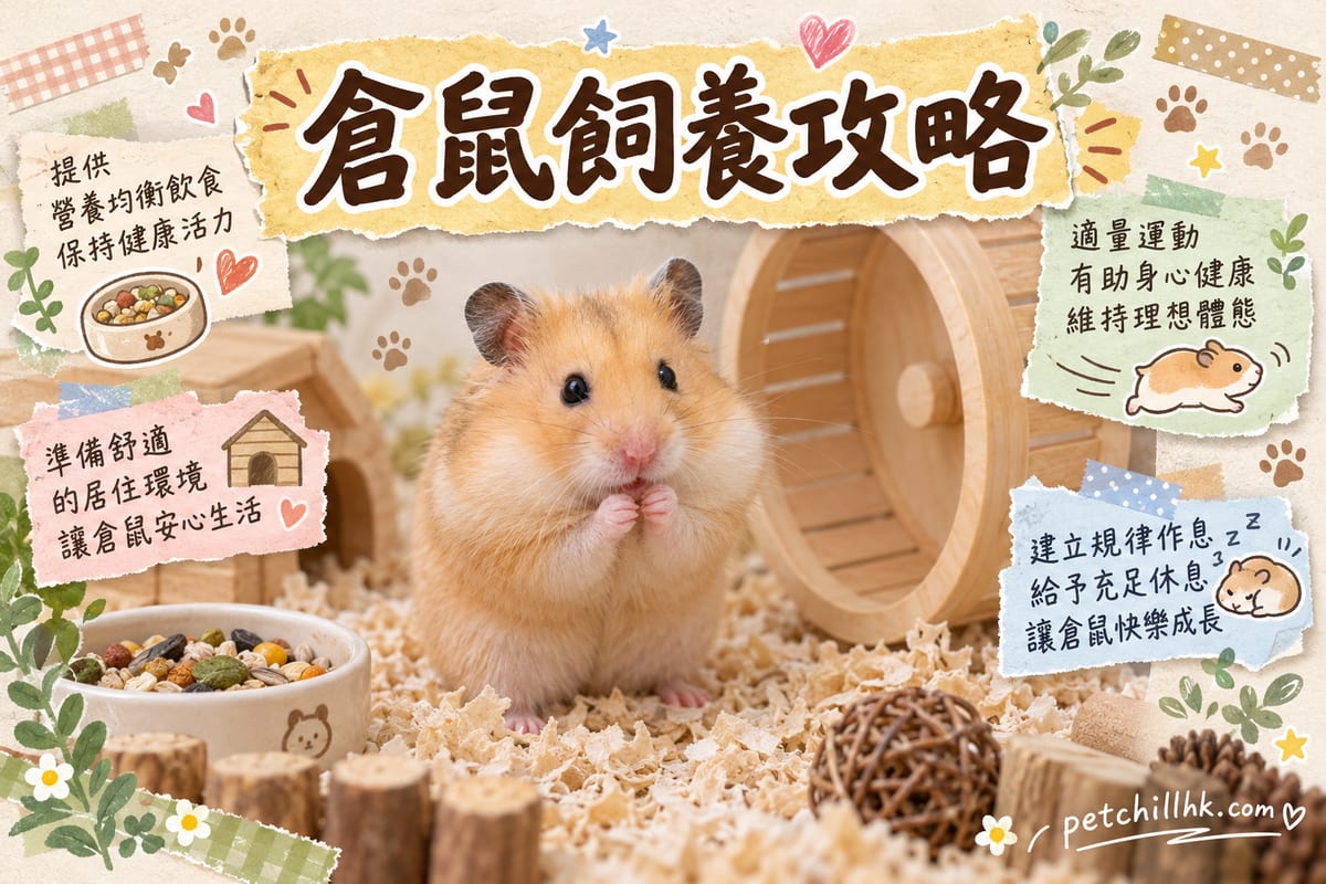 香港住宅客廳地上一個大型膠箱式倉鼠籠,內有厚紙墊料、陶瓷躲藏屋、實心走輪、飲水樽同砂浴盆,一隻侏儒倉鼠正將食物塞入頰囊搬返巢穴