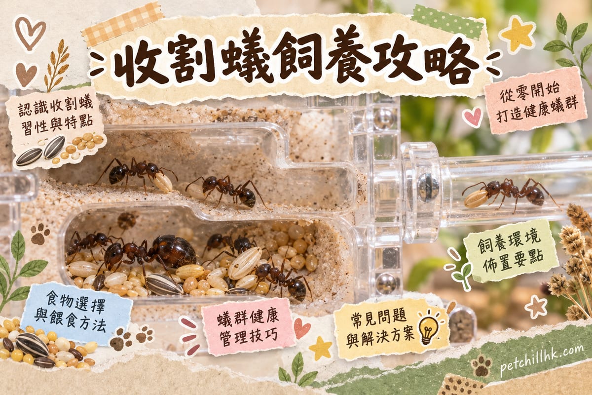 香港住宅書枱上嘅亞克力蟻巢接駁外場,一群黑褐色收割蟻將小米同種子搬入巢內倉室,蟻后喺濕區繁殖室內,旁邊有防逃塗層