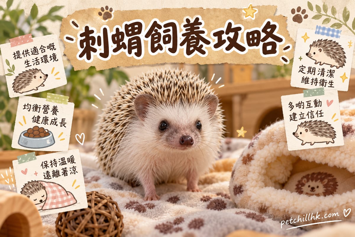 香港住宅睡房一角嘅膠箱式刺蝟籠,內有厚紙墊料、陶瓷躲藏屋、實心走輪同水碗,一隻刺蝟喺加熱墊上方緩緩走動,籠邊有溫度計