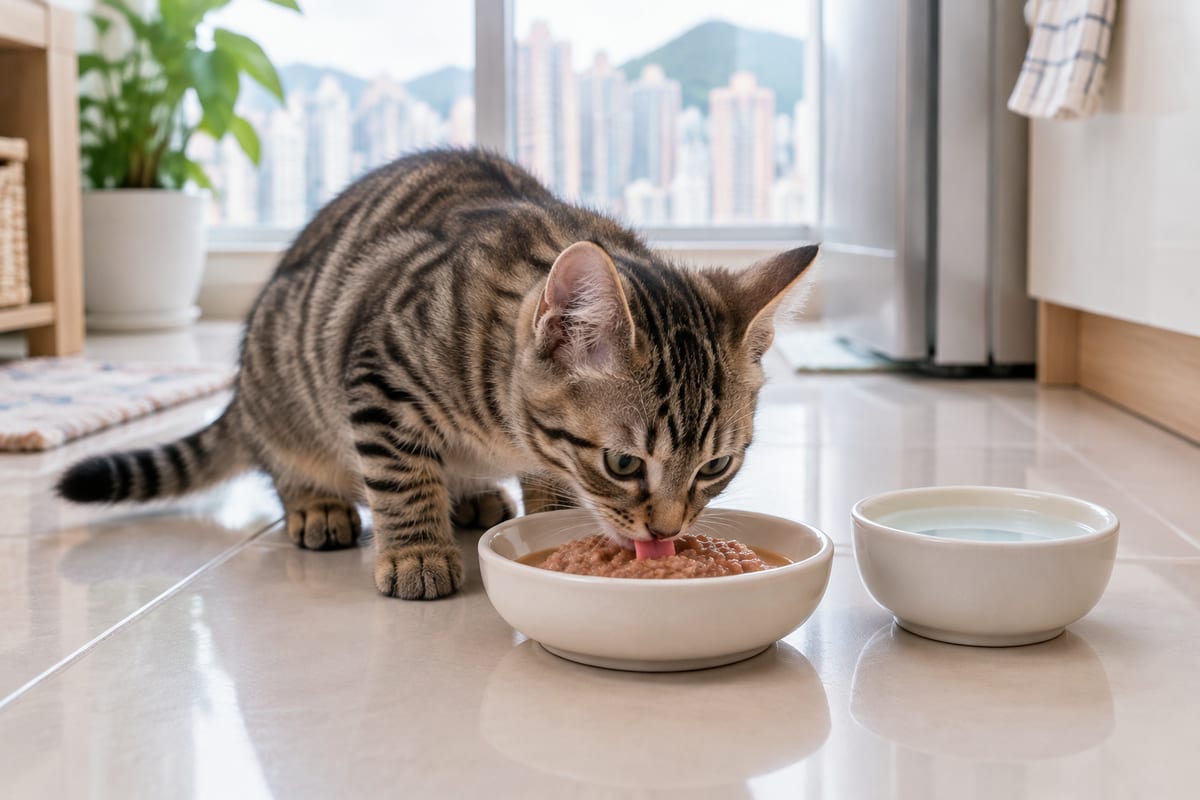 四個月大香港短毛幼貓低頭食緊濕糧，旁邊有清水碗（幼貓糧餵食指南）
