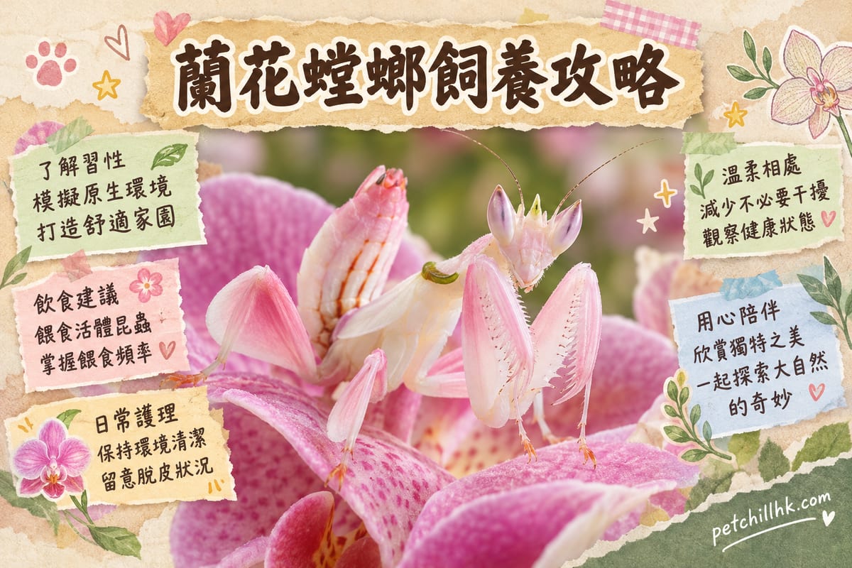 香港住宅書枱上嘅透明通風飼養缸，白色帶粉紅嘅蘭花螳螂倒吊喺水苔同枝條之間，缸內有濕度計，背景係香港高樓窗景