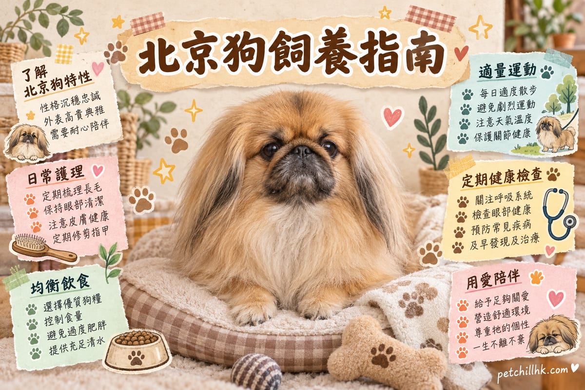 一隻金黃色北京狗趴喺香港家居客廳嘅涼墊上,室內開住冷氣,扁面大眼望向鏡頭