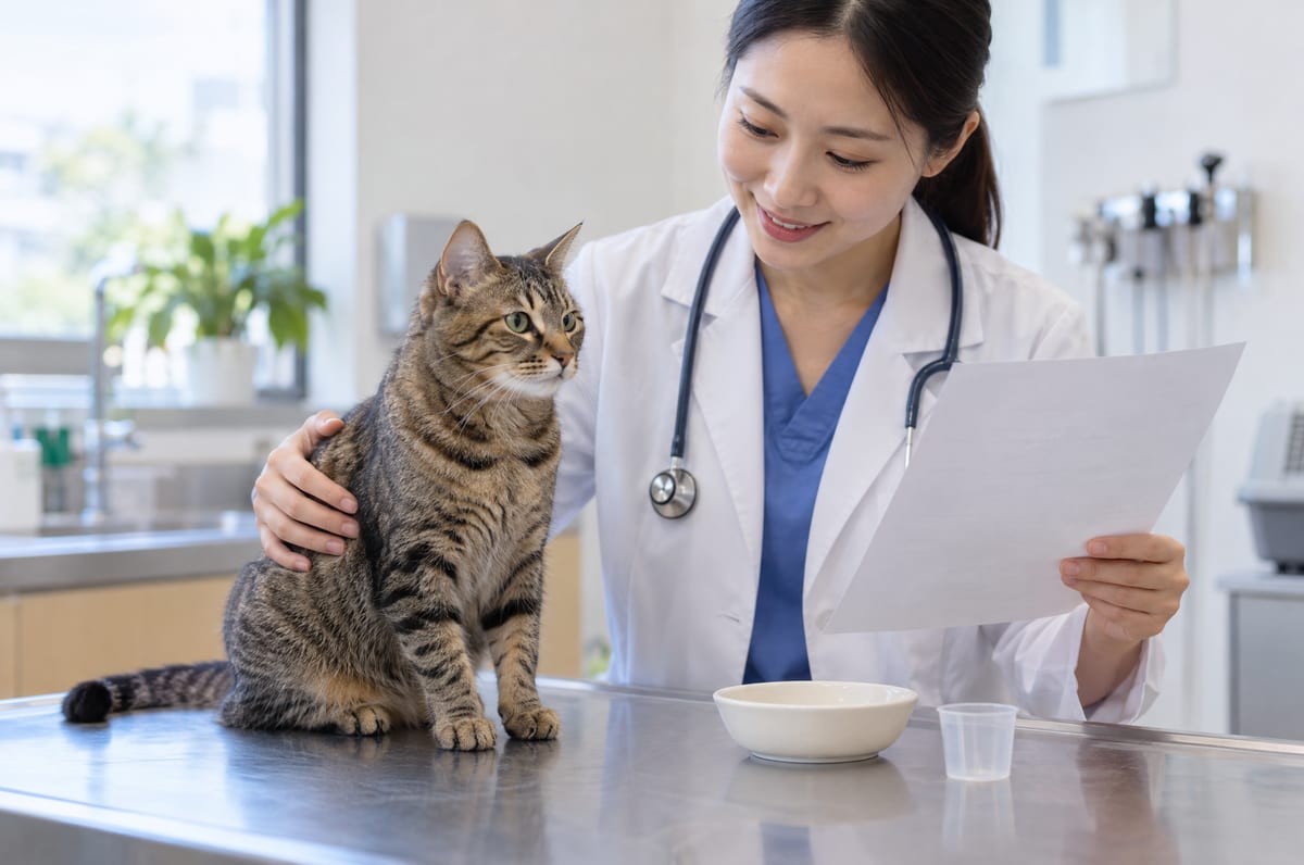 獸醫診間內獸醫手持無品牌檢驗報告，旁邊一隻健康香港短毛貓坐喺診療檯，枱上有量杯（貓糧磷含量與腎臟）