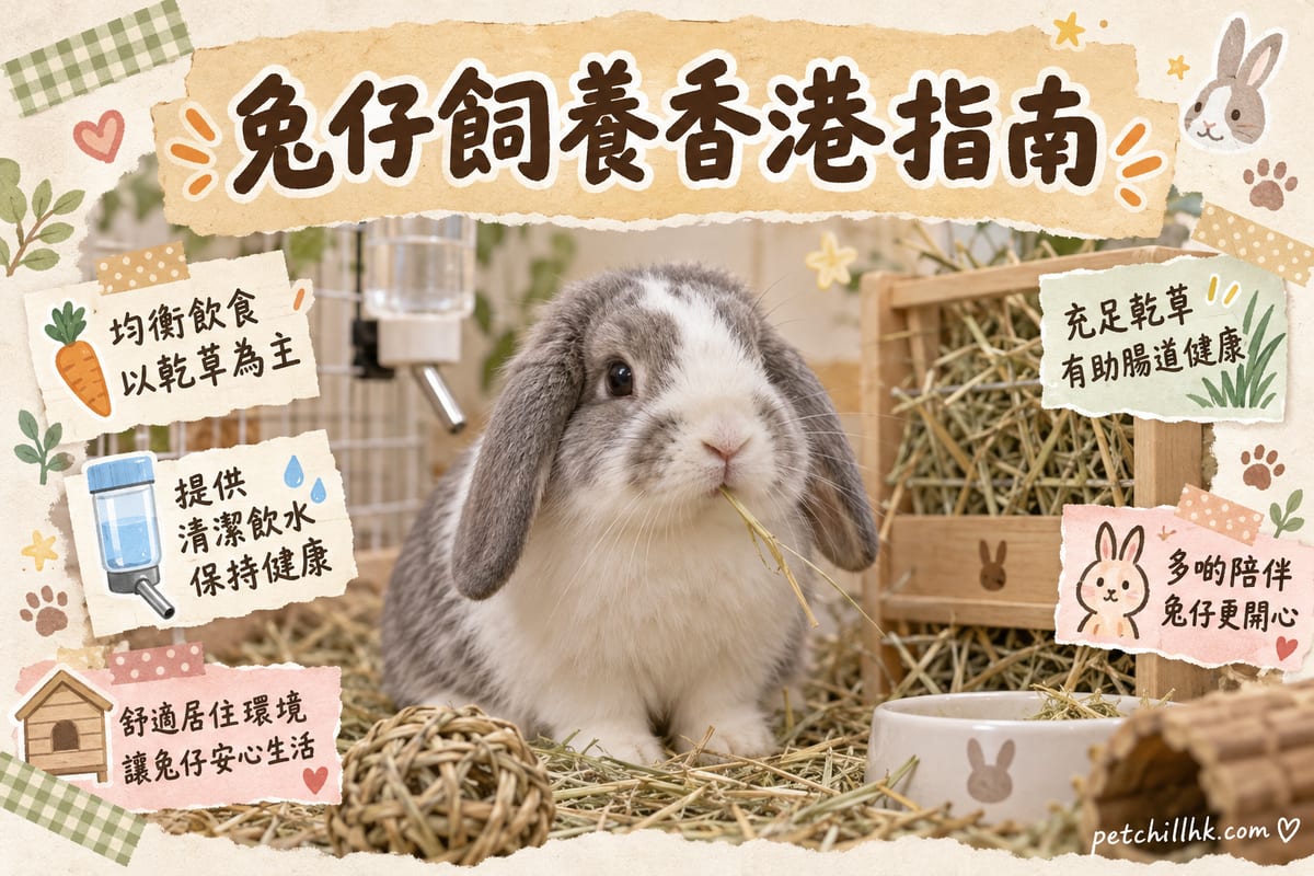 香港住宅客廳一角嘅兔仔圍欄,鋪上防滑墊同紙棉墊料,放有無限供應嘅乾草架、陶瓷水碗同木製躲藏屋,一隻荷蘭侏儒兔正在食草