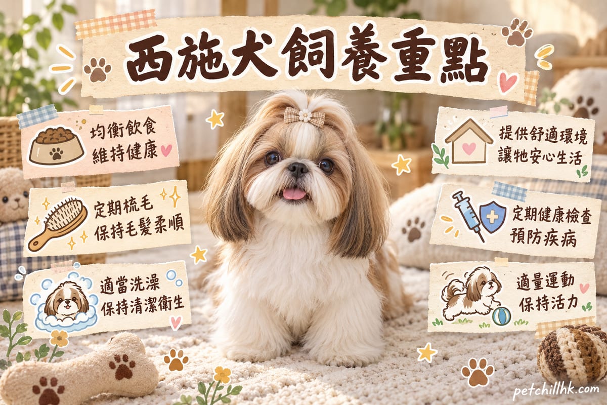 一隻金白色西施犬坐喺香港家居客廳地墊上,長毛梳順,旁邊放住胸背帶同水碗