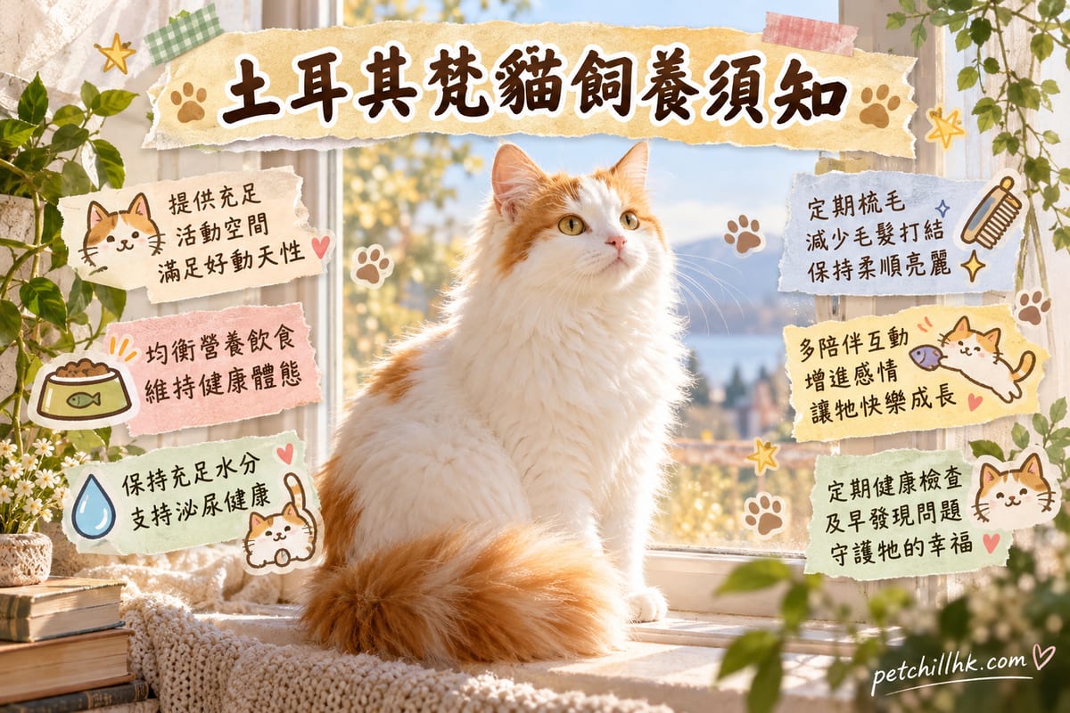 香港單位客廳內,一隻白色身軀配頭尾橙斑嘅土耳其梵貓企喺高身貓爬架頂層望向窗外,下方有重身陶瓷水碗同梳毛刷