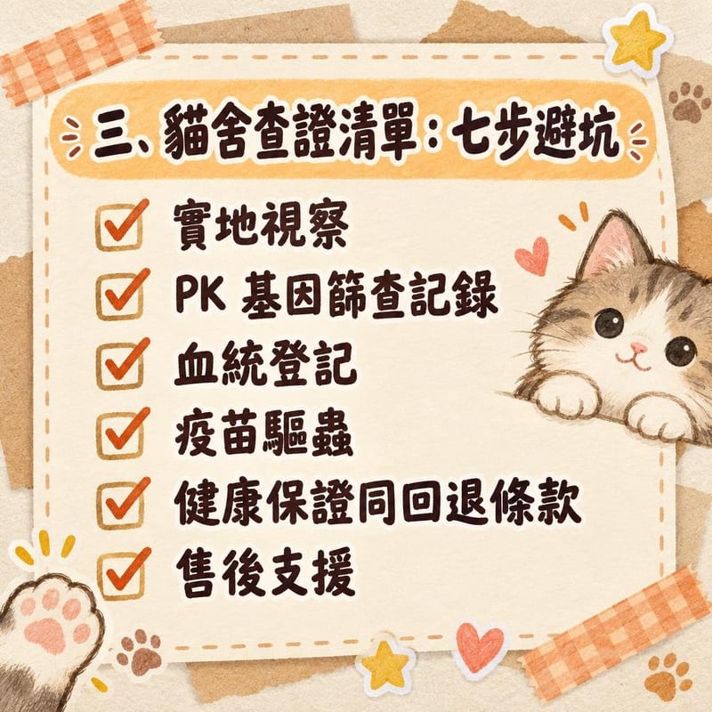 書枱上攤開貓舍合約同查證清單，主人逐項核對，阿比西尼亞貓瞓喺隔籬監視