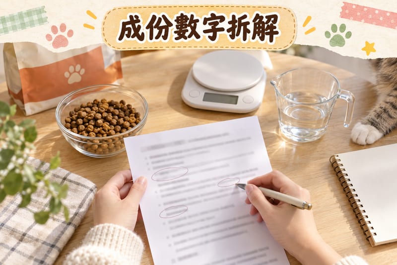 主人喺檯面攤開寵物食品包裝背頁同營養分析表,旁邊放電子磅同記錄紙,用筆逐項圈出蛋白、磷、鎂數字