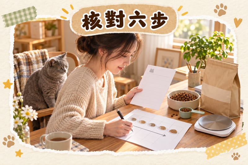 主人坐喺書檯前,一手拎住獸醫記錄紙一手填寫換糧過渡表,檯面放住電子磅、量匙同一碗處方乾糧,旁邊有閉上嘅包裝袋
