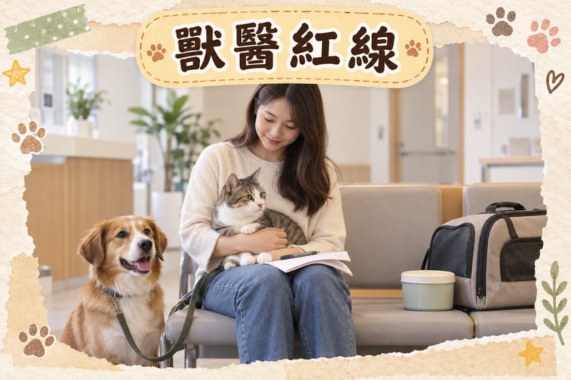 主人抱住短毛家貓坐喺獸醫診所候診區,膝上放住記錄紙同換糧過渡表,旁邊放住寵物提袋同裝有空白標籤嘅食物盒