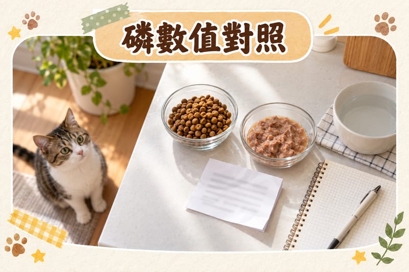 主人用玻璃碗將乾糧同濕糧分成兩份,旁邊放住一本手寫記錄簿、電子磅同水碗,淺色木地板上有兩隻貓砂盆尿塊紀錄紙,日光照住乾淨嘅廚房角落